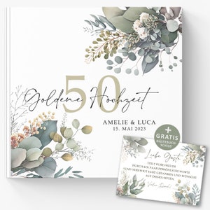 Libro de Visitas de 50 Años de Bodas de Oro - Regalo de Aniversario de Bodas, Libro de Recuerdos Personalizado para Rellenar con Eucalipto
