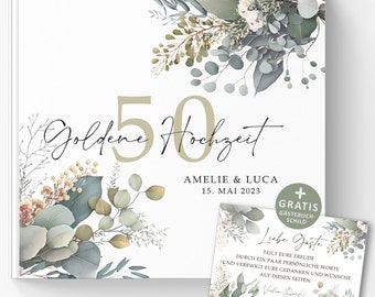 Goldene Hochzeit 50 Jahre Gästebuch - Hochzeitsjubiläum Geschenk, Personalisiertes Erinnerungsbuch zum Ausfüllen mit Eukalyptus