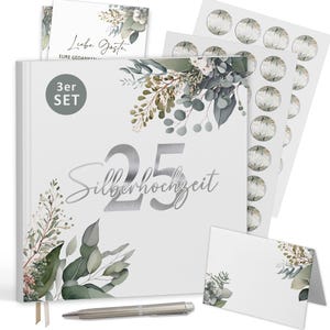 Silberhochzeit 25. Jahre Gästebuch-Set mit Tischkarten und Sticker - Hardcover mit Eukalyptus Vintage Boho - 72 Seiten zum Ausfüllen
