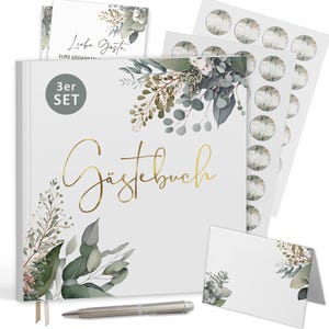 Gästebuch-Set im Eukalyptus-Design – Elegantes Erinnerungsbuch mit Goldprägung, 50 Aufkleber, Tischkarten – Perfekt für Hochzeit, Taufe