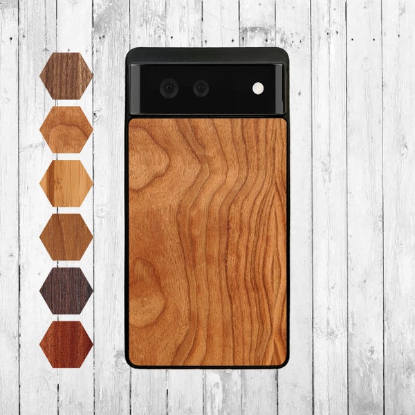 Google Pixel 6A (2022) étui pour téléphone portable en bois - étui de protection en bois véritable noyer, étui en bois pour téléphone portable en bambou, étui pour smartphone cerisier, étui en silicone