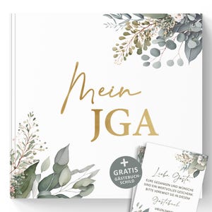 Il mio libro dei ricordi JGA - libro degli ospiti per congratulazioni e foto, copertina rigida con motivo di eucalipto e goffratura dorata in stile vintage per la festa nuziale