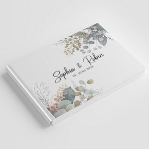Gepersonaliseerd gastenboek voor de bruiloft groene eucalyptus boho vintage stijl voor pasgetrouwden, stevig hardcover boek voor felicitaties afbeelding 3