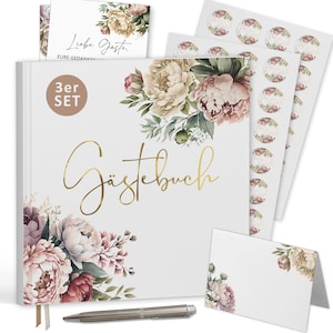 Gästebuch-Set im Pfingstrosen-Design – Elegantes Erinnerungsbuch mit Goldprägung, 50 Aufkleber, Tischkarten – Perfekt für Hochzeit, Taufe