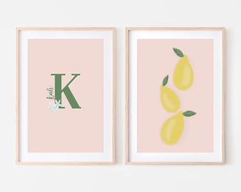 Personalisierte Blattzitronen Kunstdrucke (2er-Set) | Baby Mädchen Kinderzimmer, Kleinkind Mädchen Schlafzimmer oder Spielzimmer Wanddekoration | DRUCKBARE DOWNLOAD