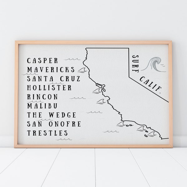 Surf California Map | Best California Surf Spots | Baby Surf Theme Nursery Room, Kids Bedroom or Playroom Wall Decor