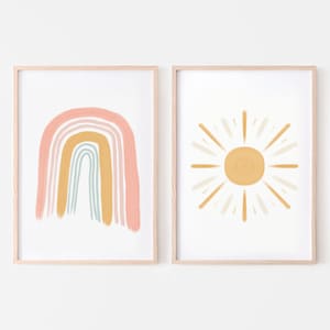 Kunstdrucke mit Sonnenschein und Regenbogen (2er-Set) | Frühlings-Baby-Kinderzimmer, Kinderzimmer und Spielzimmer-Wand-Dekor