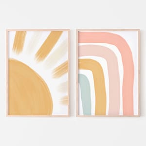 Abstract Sunshine and Rainbows Art Prints (Set of 2) | Baby Nursery Room, Kids Bedroom & Playroom Wall Decor