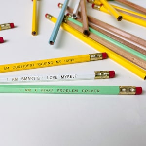 Affirmation Pencils | Pack of 7 | School Supplies | Gold Imprinted Positive Quotes For Kids | Christmas Stocking Stuffer | Hanukkah Gift