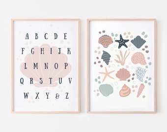 Seashell Alphabet and Coral Art Prints Set of 2 | Under the Sea Theme Baby Nursery Room, Kids Bedroom, Playroom or Classroom