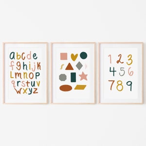 Retro Girls Alphabet, Numbers and Shapes Print Bundle (Set of 3) | Nursery, Kids Bedroom & Playroom Wall Decor