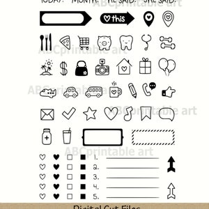 Op de afbeelding: Zwart-witte planner clipart met pictogrammen voor dagelijkse planning, waaronder een kalender, een klok, een huis, een hart, een vliegtuig, een auto, een bus, een kopje koffie, een potlood, een telefoon, een envelop, een vinkje, een ster, een muzieknoot en meer. De tekst "DATE", "TIME", "DAY", "NOTES", "TO DO", "TODAY", "MONTH", "HE SAID" en "SHE SAID" is inbegrepen. De tekst "Digital Cut Files SVG-PNG-JPG" is ook inbegrepen.