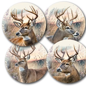 May include: Four round coasters featuring a watercolor illustration of a white-tailed deer buck in a forest setting with a sunset background.