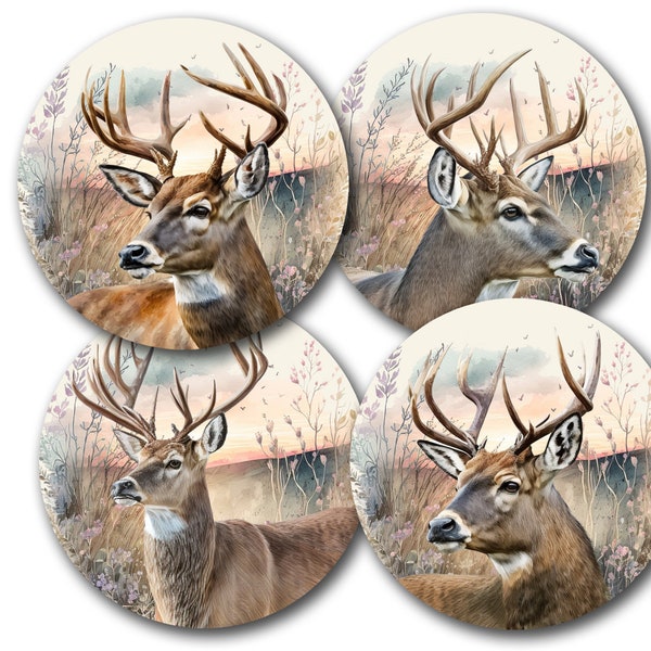 Personalized, Round Coasters. Choice of Brushed Fabric, Polyester Fabric or Felt Absorbent Coasters - Four Deer Buck Designs