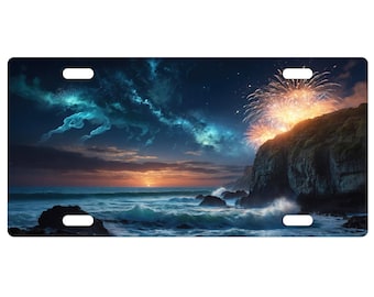 Custom Aluminum License Plate. Fireworks Over Ocean - 12" x 6"