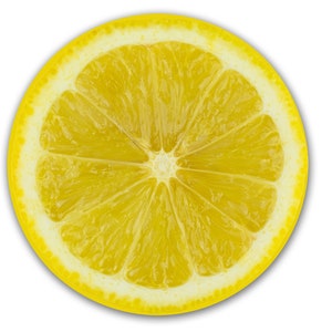 May include: A cross-section of a lemon, showcasing the bright yellow pulp and rind. The citrus fruit is sliced in a circular shape, revealing the juicy segments and the white pith. The image is set against a clean white background.