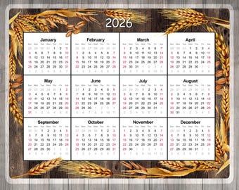 Personalized Laminated Calendar. With Sticky Back or a Magnet To Put Wherever You Need It-8.5" x 11" - 2026 Yearly Calendar - Wheat
