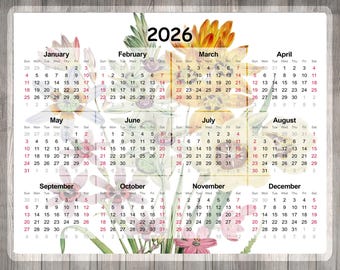 Personalized Laminated Calendar. With Sticky Back or a Magnet To Put Wherever You Need It-8.5" x 11" - 2026 Yearly Calendar - Floral Bouquet