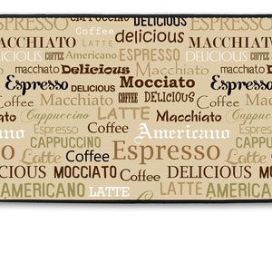 May include: A beige background with the words "Espresso", "Cappuccino", "Latte", "Americano", "Macchiato", "Mocciato", and "Delicious" repeated in various sizes and orientations.