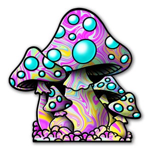 May include: A group of three psychedelic mushrooms with swirling pink, yellow, and blue patterns. The mushrooms have white spots and blue dots on their caps.