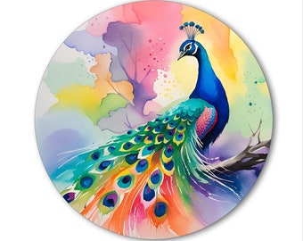 Personalized Round Mouse Pad, (standard) Polyester Fabric or Brushed Fabric Mousepad With Rubber On Bottom - Colorful Watercolor Peacock