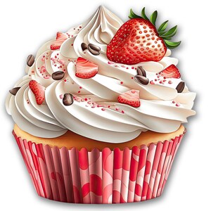 May include: A white cupcake with vanilla frosting topped with a whole strawberry, chocolate sprinkles, and chopped strawberries. The cupcake is in a pink and white paper liner.