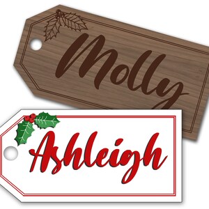Custom, Personalized Christmas Stocking Tag. Choice Of Engraved Wood, Full Color Hardboard or Full Color Rigid Felt, Which Has A Soft Top.