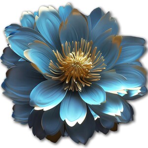 May include: A large, blue flower with a golden center. The petals are layered and have a metallic sheen.
