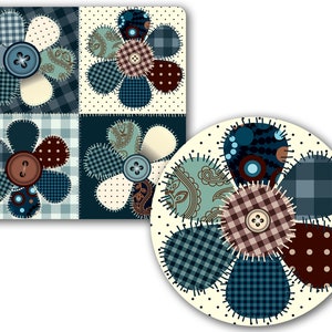 May include: A set of two patchwork fabric coasters featuring a flower design with a button in the center. The coasters are in shades of blue, brown, and white.