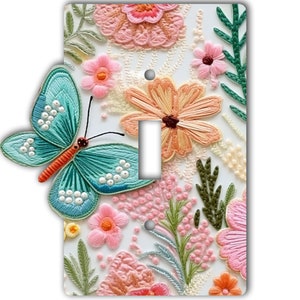 Tasteful, Decorative, Glossy Acrylic  Light Switch and Electrical Outlet Covers - Standoff Butterfly And Flowers with Embroidered LOOK.