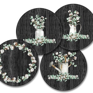 Personalized Faux(PU)Leather,Four Round Coasters-Rigid,Smooth,Soft Surface,Bright Colors Moderately Absorbent-Flowers-Dark Wood Look