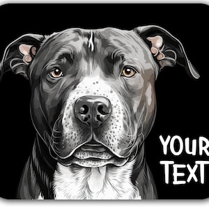 May include: A black and white pit bull terrier dog with a white patch on its chest. The dog is looking directly at the camera. The background is black. The text "YOUR TEXT" is in white letters on the right side of the image.