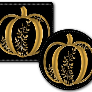 Personalized Faux (PU) Leather, 4 Round or Square Coasters-Rigid,Smooth, Soft Surface -Gold Pumpkin