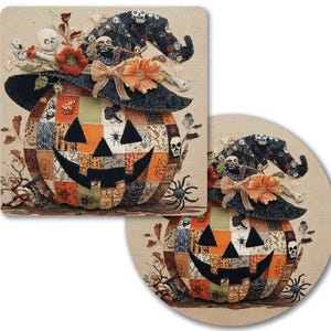 May include: Two decorative items featuring a patchwork pumpkin with a black witch hat. The pumpkin is composed of orange, green, and tan fabric squares with black spider and skull motifs. The hat is adorned with orange flowers and a burlap bow.