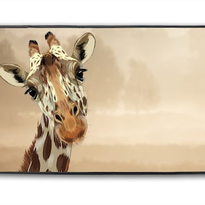 May include: A close-up of a giraffe's head and neck, with a brown and tan spotted pattern. The giraffe is looking directly at the camera, with a curious expression. The background is a blurry, light brown color, suggesting a savanna or grassland environment.