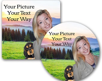 Custom, Personalized, Set of 4 Round or Square Coasters. Choice of Acrylic, Hardboard or Rigid Felt - Your Picture, Your Text, Your Way