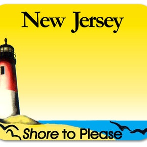 May include: A yellow and white lighthouse with a red stripe stands on a sandy beach with blue water and seagulls flying overhead. The text "New Jersey Shore to Please" is at the bottom of the image.