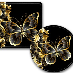 Personalized Faux (PU) Leather, 4 Round or Square Coasters-Rigid,Smooth, Soft Surface -Gold Look Butterfly
