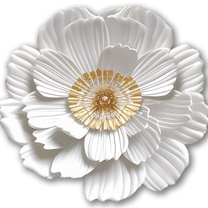 May include: A large white paper flower with a gold center. The flower has many layers of petals and is a decorative piece.
