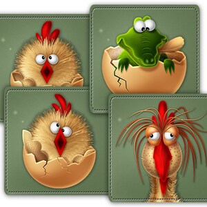 May include: Four illustrations of animals hatching from eggs. The first image shows a yellow chick with red comb and large eyes hatching from a brown egg. The second image shows a green alligator with large eyes hatching from a brown egg. The third image shows a yellow chick with red comb and large eyes hatching from a brown egg. The fourth image shows a yellow chick with red comb and large eyes hatching from a brown egg.