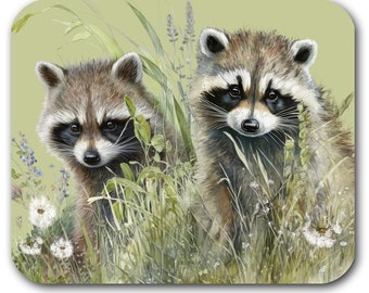 Personalized Mouse Pad, (standard) Polyester Fabric or Brushed Fabric Mousepad With Rubber On Bottom - Raccoons in Meadow