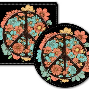 Personalized Faux (PU) Leather, 4 Round or Square Coasters-Rigid,Smooth, Soft Surface -Peace Sign with Flowers