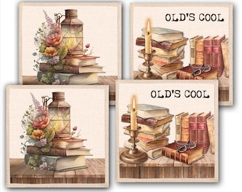 Square Linen-Like Fabric Coaster Set - Set Of Four With One Design On The Front and Another Design On The Back Very Absorbent-Stack of Books