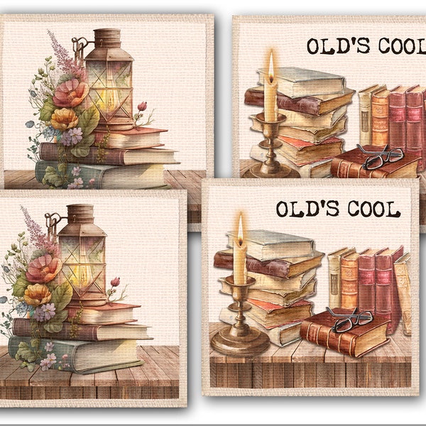 Square Linen-Like Fabric Coaster Set - Set Of Four With One Design On The Front and Another Design On The Back Very Absorbent-Stack of Books