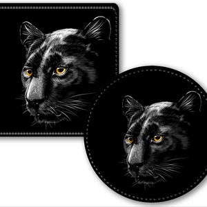 Personalized Faux (PU) Leather, 4 Round or Square Coasters-Rigid, Smooth, Soft Surface, Moderately Absorbent -Panther