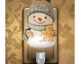 Winter Plug In Nightlight With On/Off Switch For Any Room. Snowman With Gingerbread Man Sheds A Warm Glow on Any Room - Printed Flat-NOT 3D
