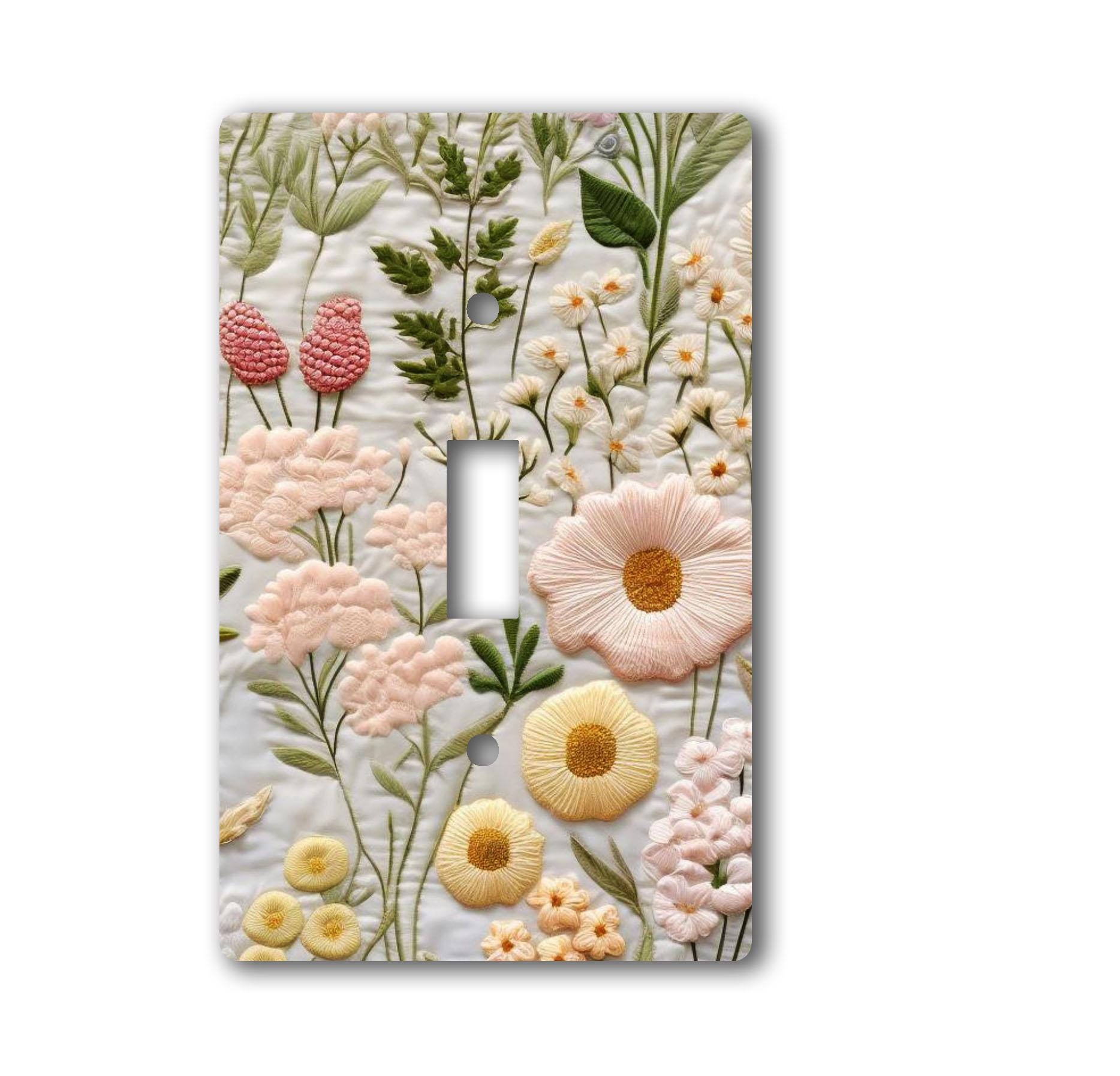 Tasteful, Decorative, Glossy Acrylic Light Switch and Electrical Outlet Covers - Embroidered Flowers LOOK
