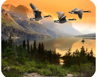 Personalized Mouse Pad, Thick, Fabric Topped 7.75" x 9.25" Mousepad. Flying Geese at Lake at Sunset