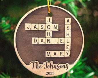 Custom, Flat Wood Crossword Christmas Ornament Cutout - Light And Dark Wood Colors