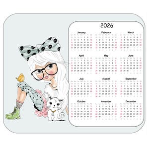 Personalized Mouse Pad, Thick, Fabric Topped 7.75" x 9.25" Mousepad. Cute Girl With 2026 Yearly Calendar